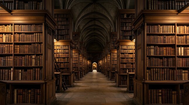 Rows of wooden bookshelves in an old historic library archive hall