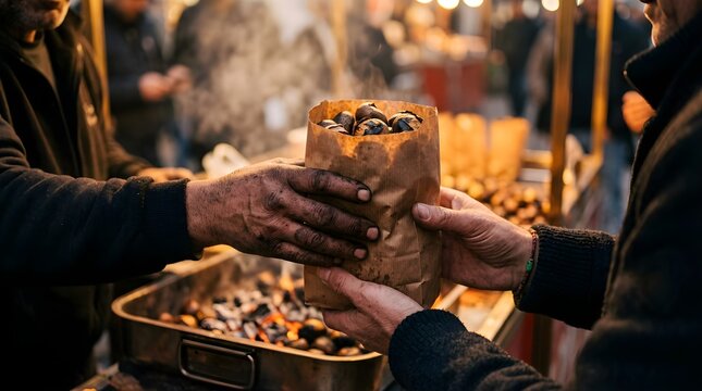 Street vendor hands a paper bag of roasted chestnuts to a customer at night