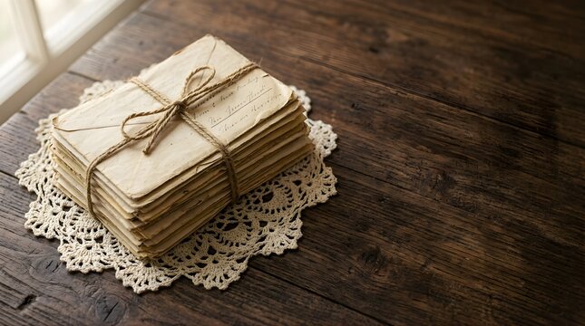 Stack of old handwritten letters tied with twine on a vintage doily
