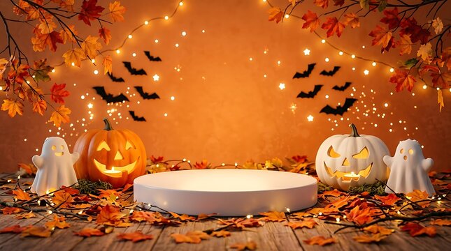 Halloween podium backdrop with empty white round stage, jack o lantern pumpkins, glowing ghosts, dry maple leaves and bats on wooden floor with orange background
