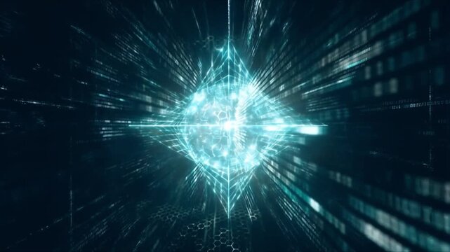 Abstract Visualization of AI Processing Big Data, Quantum Computing, Binary Code Matrix and Cyber Security Futuristic Artificial Intelligence Technology Background