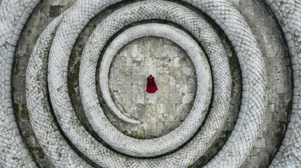 Obraz premium Aerial view of person on giant spiral stone staircase.