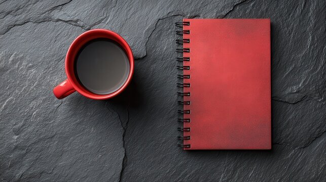 Top view of dark modern workplace with red notebook and red coffee cup on dark grey desk.