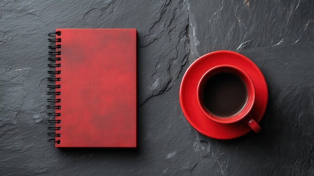 Top view of dark modern workplace with red notebook and red coffee cup on dark grey desk.
