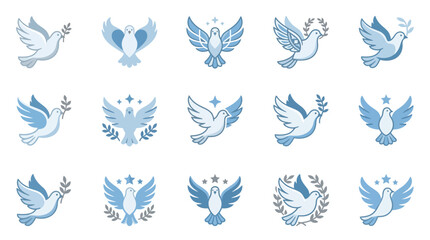 Fototapeta premium Professional Collection of 15 Minimalist Blue Dove Icons with Varied Symbolic Elements for Peace Love and Harmony