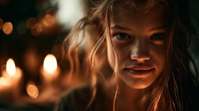 Elegant close-up portrait illuminated only by warm candlelight, soft Christmas decorations blurred in the background, cozy atmosphere, cinematic Rembrandt lighting, authentic expression, premium edito