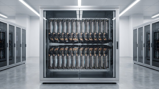 Symmetrical front view of an enclosed glass enterprise server cabinet housing high density computing hardware blades inside a pristine white data center facility Generative AI Illustration