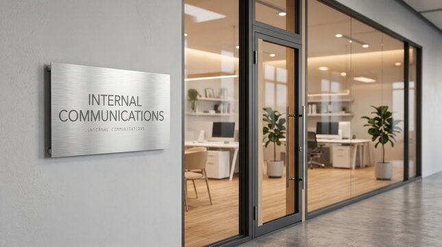 Internal Communications office sign in modern corporate interior