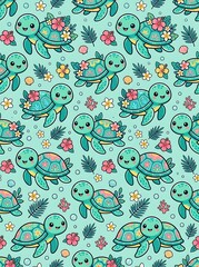 Seamless pattern of cute cartoon sea turtles with hibiscus flowers