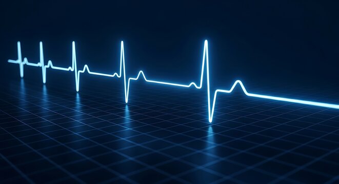 Glowing blue heartbeat monitor line. Digital EKG pulse wave on a dark medical background.
