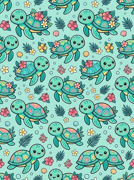 Seamless pattern of cute cartoon sea turtles with hibiscus flowers