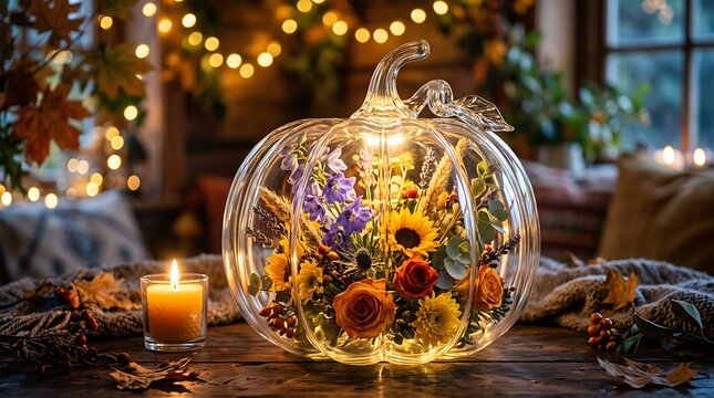 Glass pumpkin jar with autumn floral arrangement, glowing candle and dry maple leaves on wooden table with warm bokeh lights background