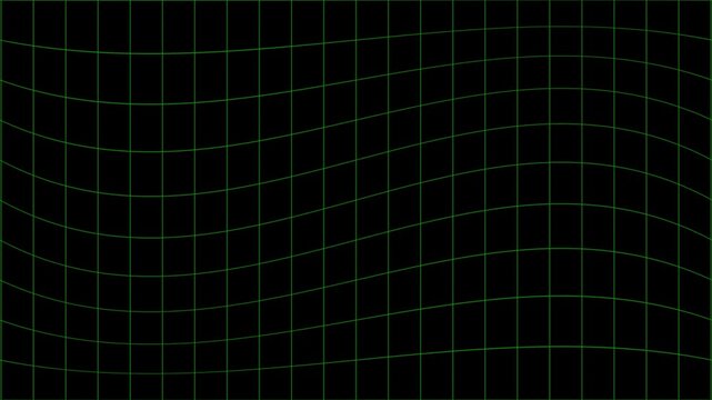 Wavy green grid lines ripple through an electronic screen distortion. Analog monitor frequencies are emulated by these unique signal waves. Wavy green grid lines float.