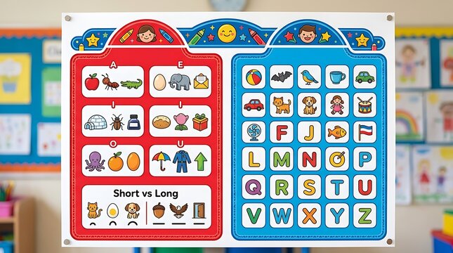 Colorful educational alphabet and phonics poster in classroom