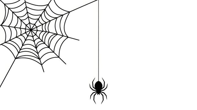 Spooky black widow spider descending from a detailed web on a white background