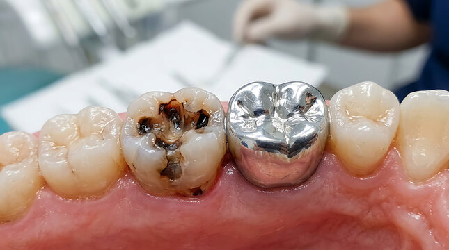 Close up of human teeth with dental fillings in molars
