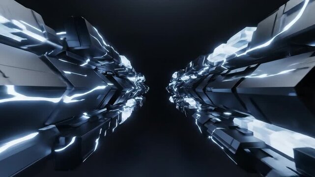 Abstract Sci-Fi Corridor with Glowing Energy Sparks and Futuristic Metallic Structures in Dark Space Environment