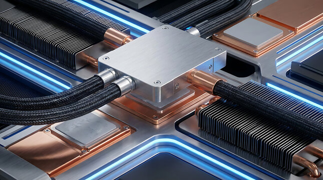 Macro view of a CPU liquid cooling block with copper heat pipes and braided tubing on a futuristic motherboard AI Generated Illustration