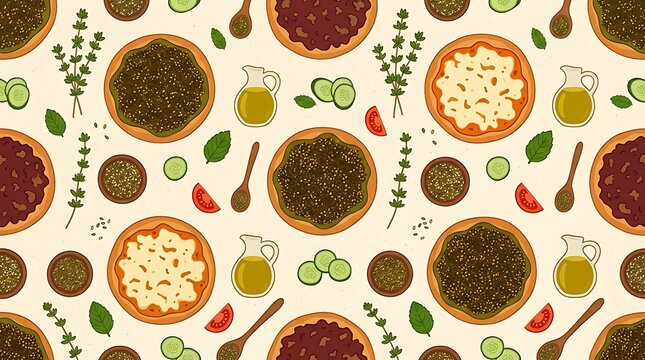 Assorted manakish flatbreads with zaatar cheese and meat toppings