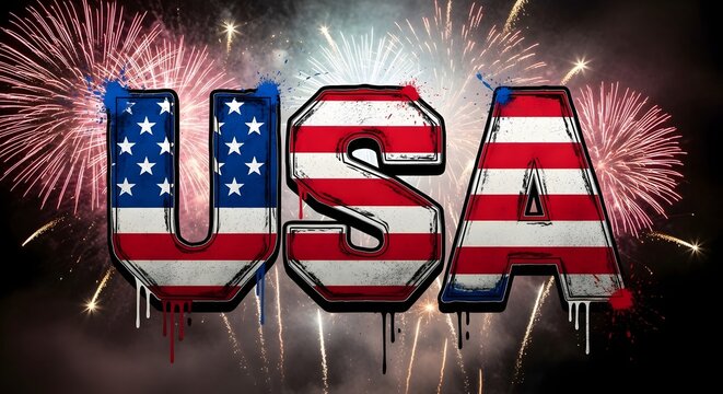 USA text with american flag colors and fireworks exploding in night sky