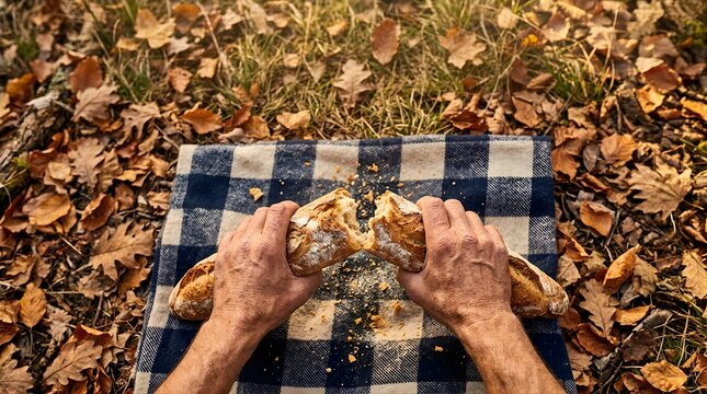 Hands breaking fresh baguette bread over a checkered cloth in autumn