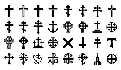 Fototapeta premium Christian Cross Icon Set with Religious Symbols in Various Styles for Faith and Church Designs