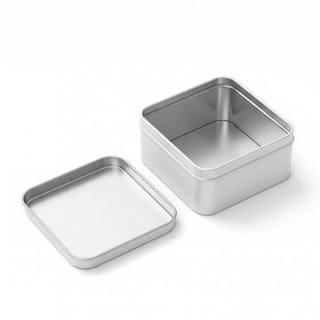 Open blank square metal tin box mockup with removed lid isolated on white background. Silver aluminum container template for cosmetics, candles, food and product packaging design.