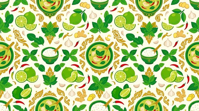 Thai green curry and fresh ingredients seamless vector pattern