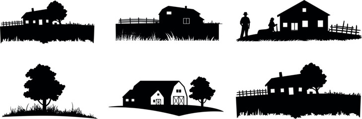 Farm house and rural landscape silhouette icon set vector illustration, countryside barn ranch building elements design © Arif