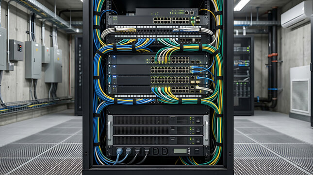 Symmetrical frontal view of organized network cable bundles and ethernet switch hardware in server rack inside industrial data hosting room Generative AI Illustration