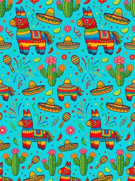 Mexican fiesta seamless pattern with pinatas and sombreros