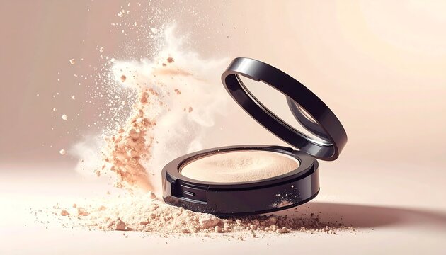 Open compact powder with flying makeup particles for beauty branding, cosmetic packaging, skincare advertising and luxury marketing