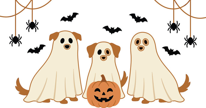 Cute halloween vector illustration ghost dogs and jack o' lantern for spooky season designs