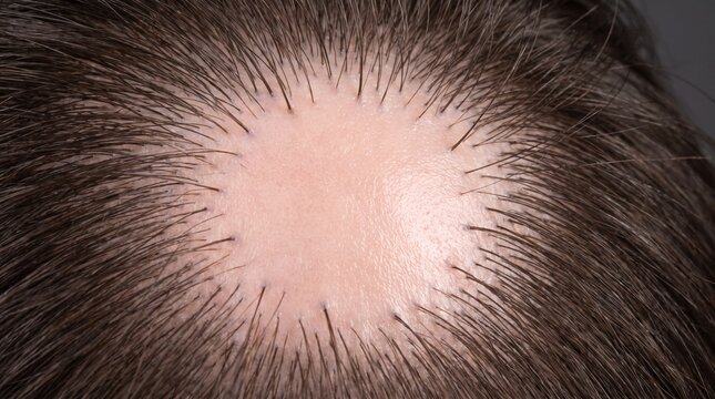 Alopecia Areata Bald Patch on Human Scalp, Macro Close Up Showing Circular Hair Loss with Smooth Scalp Skin and Exclamation Mark Hairs