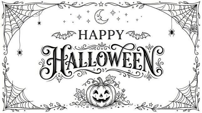 Vintage halloween typography with spooky web border and pumpkin illustration