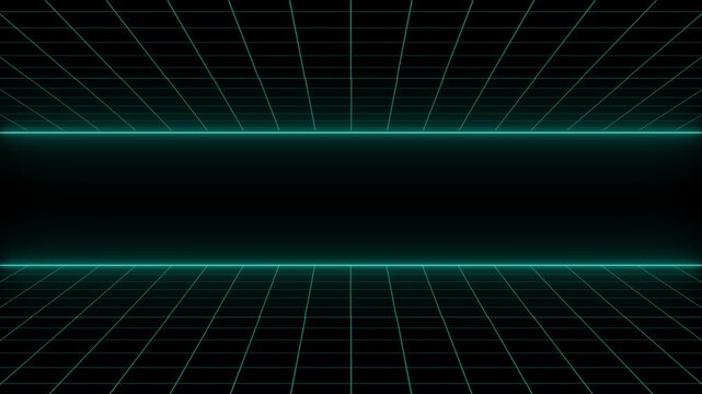 Cyan grid horizon lines shine with brilliant electronic light. Retro neon design projects benefit immensely from this eighties video aesthetic. Cyan grid horizon lines move.