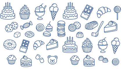 Hand drawn dessert icons set, blue line art sweets and bakery collection, minimalist doodle illustrations of cakes, ice cream and pastries