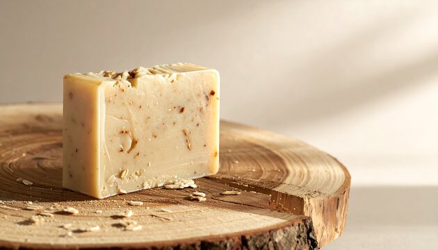 Natural handmade soap bar on wooden slice for organic skincare, spa branding, cosmetic packaging and wellness advertising