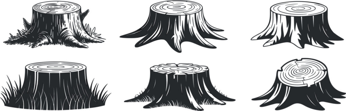 Tree stump sketch collection monochrome vector illustration, wooden log rings lumberjack timber element design