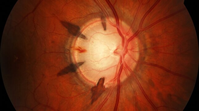 Glaucoma optic nerve damage, clinical fundus photography close up showing enlarged optic disc cupping, neuroretinal rim thinning and retinal nerve fiber layer defects