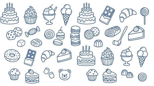 Hand drawn dessert icons set, blue line art sweets and bakery collection, minimalist doodle illustrations of cakes, ice cream and pastries