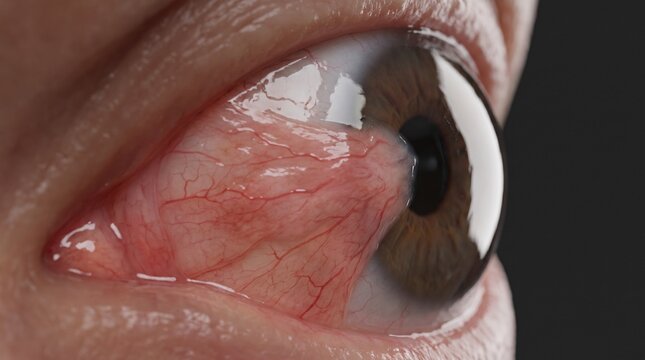 Pterygium eye growth advancing across cornea, extreme macro close up of human eye with vascular conjunctival tissue and detailed ophthalmology medical condition