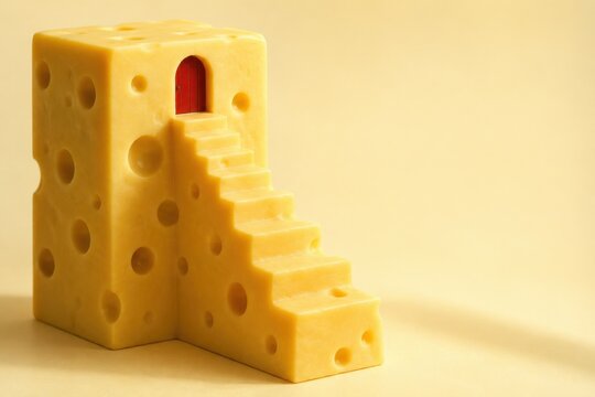 Surreal cheese block with stairs and red door