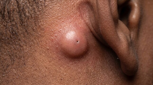 Sebaceous Epidermal Cyst Behind Ear, Extreme Macro Close Up of Skin Showing Rounded Subcutaneous Lump with Central Punctum and Mild Inflammation