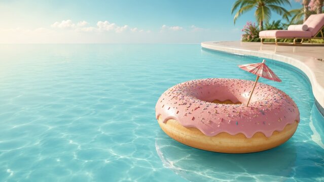 Donut float in sunny resort pool by the sea