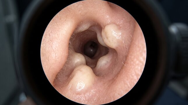Ear canal exostosis narrowing in otoscope view, bony growths obstructing external auditory canal, extreme macro clinical close up