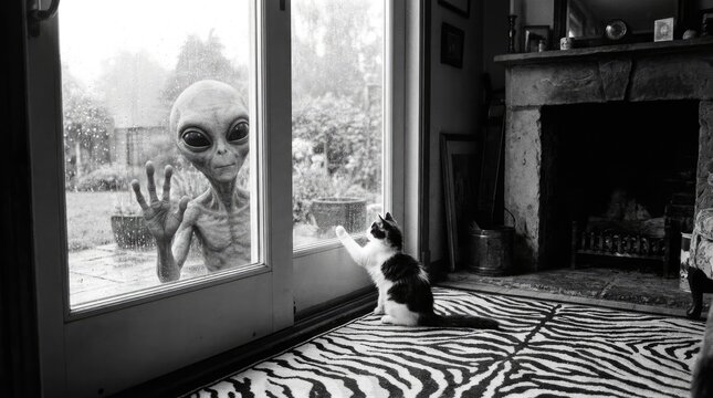 Alien creature peeking through window at domestic cat.