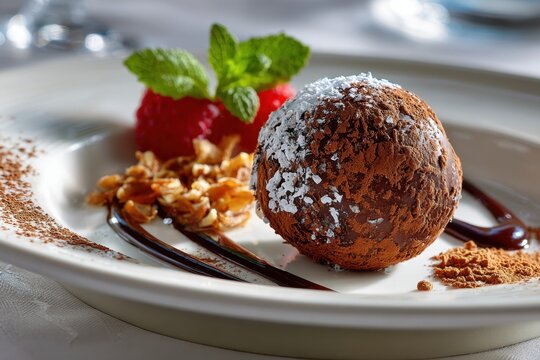 Chocolate dessert with raspberry and nuts on white plate