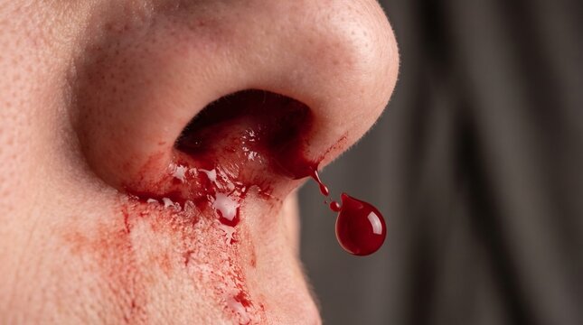 Nosebleed blood dripping from nostril, extreme macro close up of active epistaxis with fresh red blood