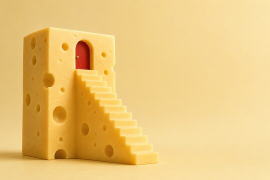 Cheese block with stairs and red door on pale background
